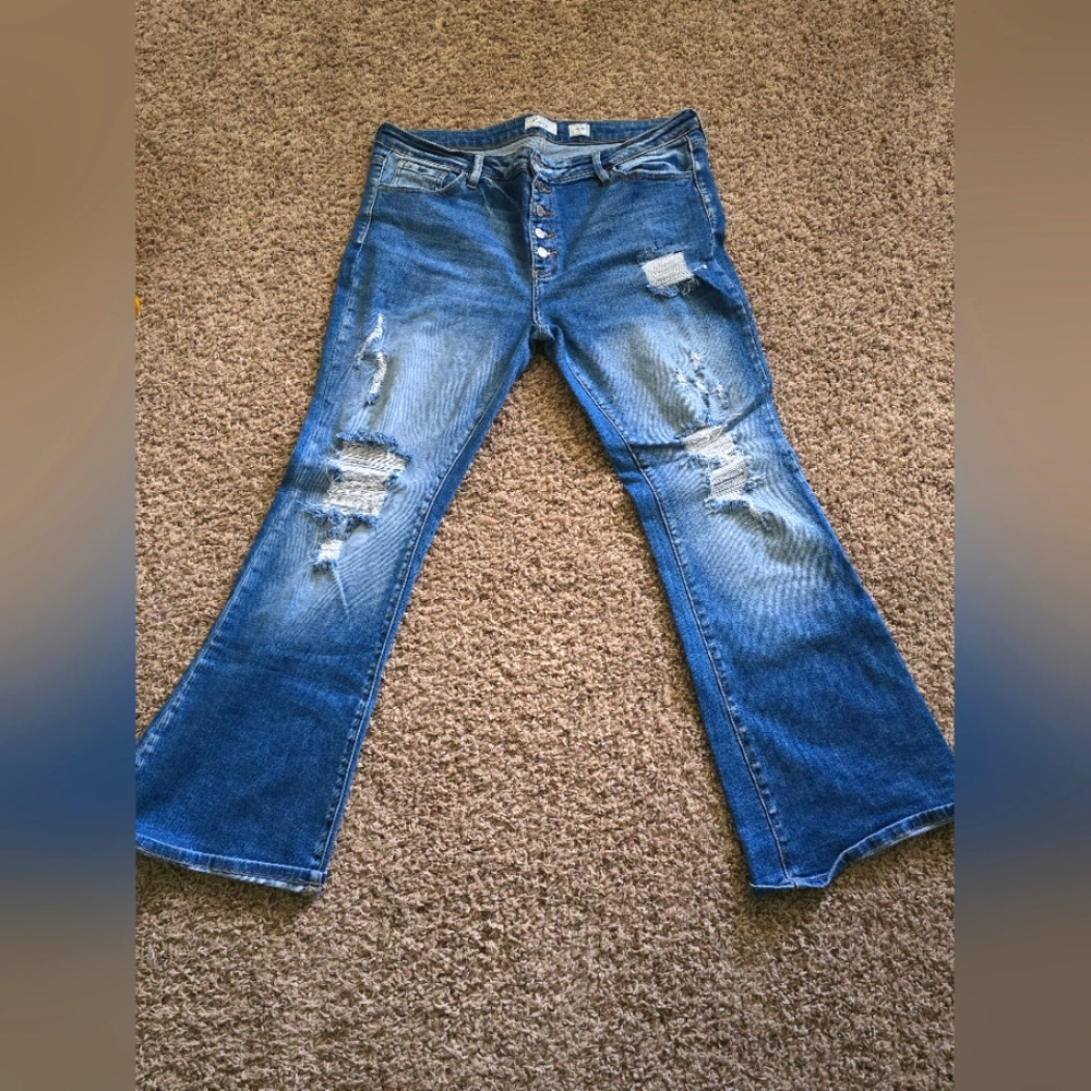 KanCan distressed button-up flare jeans, size 34